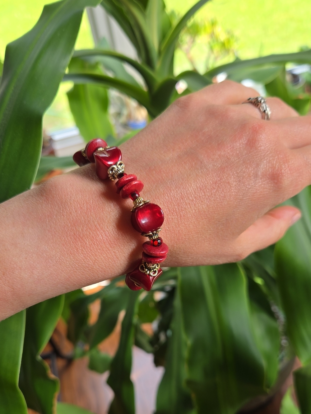 Red Bead and Gold Accent Women's Bracelet